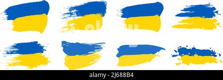 Ukraine flag set vector illustration. Ukrainian flag blue and yellow colors texture. Heart, love for Ukraine. Save Ukraine from Russia. Stock Vector