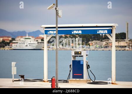 The city of Split in Croatia in the region of Dalmatia, the waterfront harbour INA Boat Refueling Stock Photo