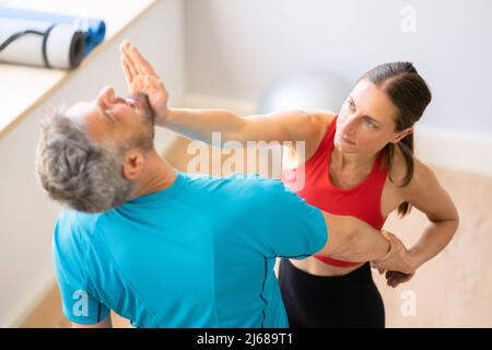 Fight Sparring Fitness Training In Gym. Female Power And Self Defense Stock Photo