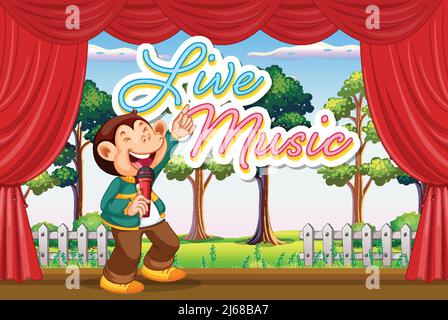 Funny monkey performing singing on stage illustration Stock Vector