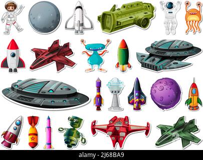 Sticker set of outer space objects and astronauts illustration Stock Vector