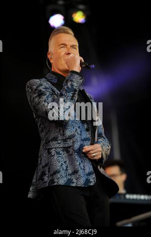 Martin Fry the lead singer of 80s Band ABC performing at Flashback Festival in Temple Newsom. Stock Photo