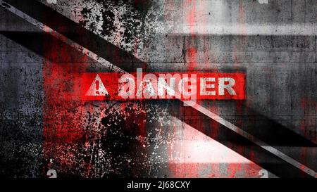 Abstract grungy background with danger warning label over rusty concrete wall texture and red paint splashes Stock Photo