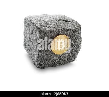 Bitcoin and cryptocurrency investing concept. Bitcoin cryptocurrency coin in cobblestone isolated on white . Up trend, stable and strong concept Stock Photo