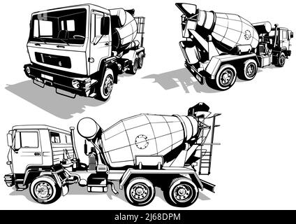 Set of Drawings with Concrete Mixer Truck Stock Vector