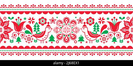 Christmas Scandinavian seamless vector pattern with birds in winter hats, stars and Chrismtas trees, Nordic folk art repetitive red and green ornament Stock Vector