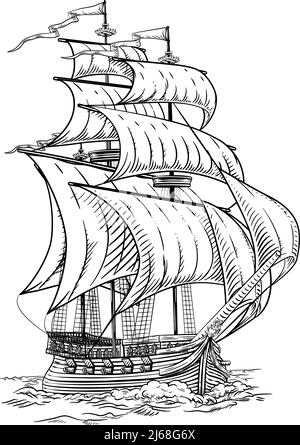 Old Vintage Ship Pirate Sail Boat Galleon Woodcut Stock Vector