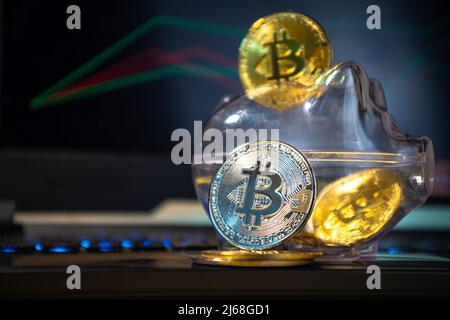 Bitcoin background, cryptocurrency virtual currency market concept. Gold silver bitcoin coins with piggy bank on the background of a laptop with an ex Stock Photo