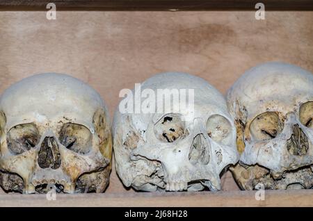Kalambaka, Greece - June 10, 2018: Holy bones of deceased monks over the years in the monastery of the Great Meteor, near the town of Kalambaka at the Stock Photo