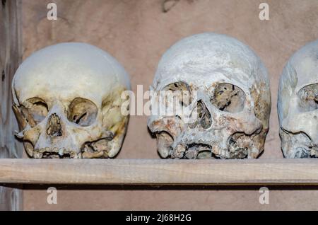 Kalambaka, Greece - June 10, 2018: Holy bones of deceased monks over the years in the monastery of the Great Meteor, near the town of Kalambaka at the Stock Photo