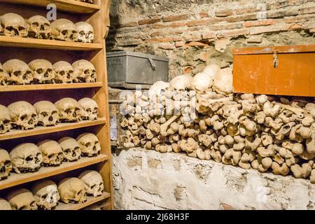 Kalambaka, Greece - June 10, 2018: Holy bones of deceased monks over the years in the monastery of the Great Meteor, near the town of Kalambaka at the Stock Photo