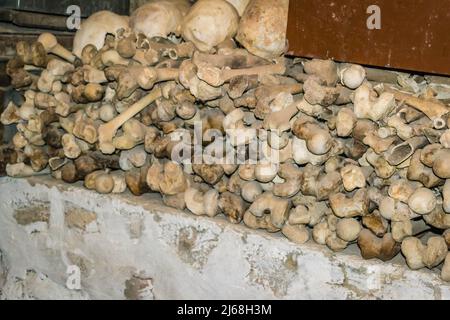 Kalambaka, Greece - June 10, 2018: Holy bones of deceased monks over the years in the monastery of the Great Meteor, near the town of Kalambaka at the Stock Photo