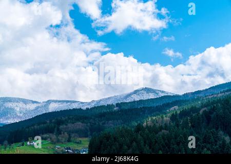 Germany, Magical view above mountains and valley of swabian jura nature ...