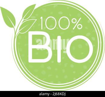 green round 100 percent bio label or sign with leaves isolated on white, vector illustration Stock Vector