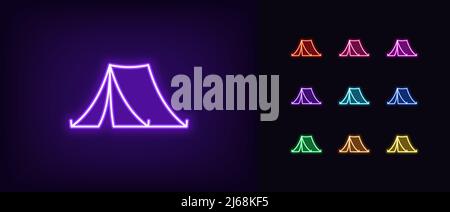 Outline neon camping tent icon. Glowing neon tent silhouette, camp pictogram. Camping shelter, hiking tourism, campsite location, outdoor recreation a Stock Vector