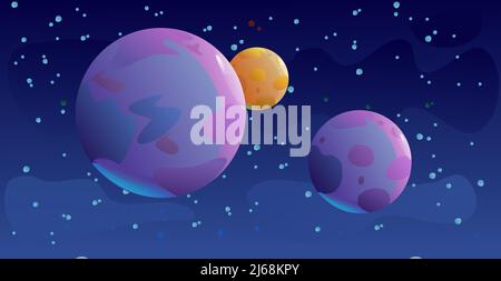 Satellite planets in space. Beautiful scenery. Cartoon flat style design. Starry sky. Vector. Stock Vector