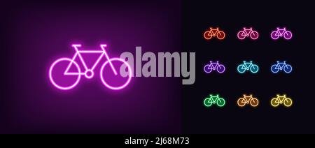 Outline neon bike icon. Glowing neon bicycle silhouette, road cycle pictogram. Bike rent, bicycle rides, bike store and repair parts, rental bicycle f Stock Vector