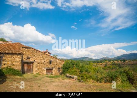 House in ruins and landscape. Horcajuelo de la Sierra, Madrid province, Spain. Stock Photo