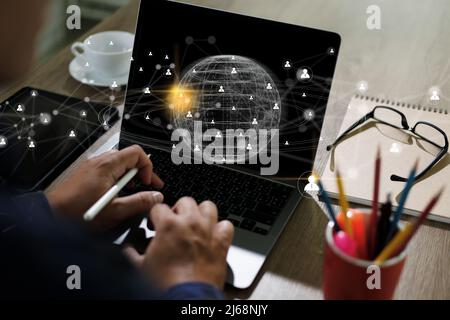 Business global internet connection  Businessman using phone on application technology communication Smart city and IoT (Internet of Things) Stock Photo