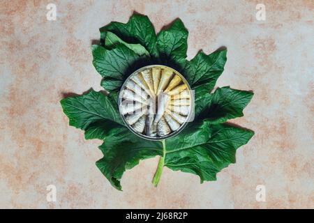 Sardine tin on an evergreen as a decorative element on a pastel-colored marble table. Healthy food and fish. Stock Photo