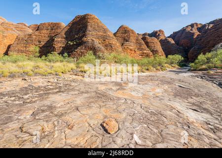 View of typical sandstone karst domes and dry creekbed at Purnululu National Park or Bungle Bungles, a Unesco World Heritage site in the Kimberley, We Stock Photo