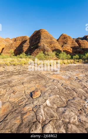 Vertical view of typical sandstone karst domes and dry creekbed at Purnululu National Park or Bungle Bungles, a Unesco World Heritage site in the Kimb Stock Photo