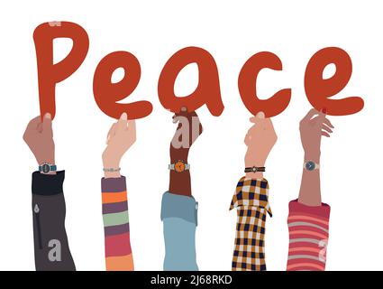 Isolated arms raised up group of multicultural and multi-ethnic people holding letters forming text -Peace- People diversity. oncept of peace and love Stock Vector