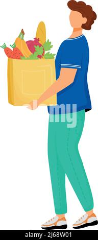 Man with full bag of fruits and vegetables semi flat color vector character Stock Vector