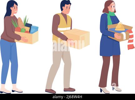 Volunteers providing humanitarian aid semi flat color vector character set Stock Vector