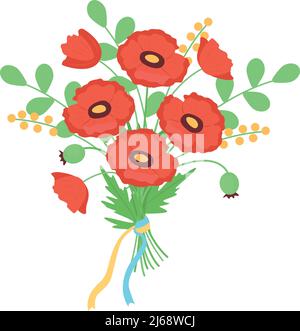 Bouquet with poppy flowers and ribbons semi flat color vector object Stock Vector