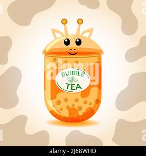 A stylized cup of sweet bobble tea. Little giraffe. Spots. Orange animal and drink. Tea with tapioca pearls. Asian Taiwanese drink. Colorful colorful Stock Vector