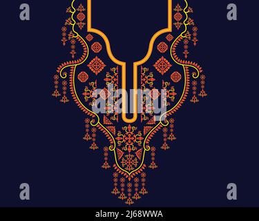 Golden floral necklace embroidery design for fashion women. Embroidery pattern with beautiful colorful Geometric Ethnic oriental for neckline Stock Vector