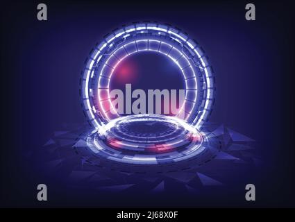 GUI and UI virtual reality. Portal and hologram science futuristic. Sci-fi digital hi-tech in glowing HUD projector. Magic gate in game fantasy. Circl Stock Vector