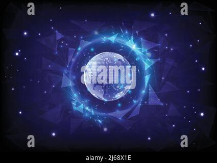 Polygon background. Security privacy safe. Glowing sphere of hexagon and globe. High technology protects. Computer of antivirus and criminal. Protecti Stock Vector