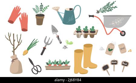 Garden tools set. Park plant. Vector illustration work. Seed, boots. Stock Vector