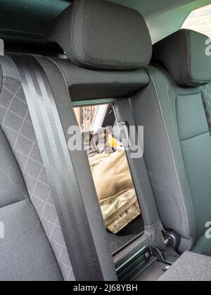 Secret Folding rear car seat hatch to access the trunk boot space Stock Photo