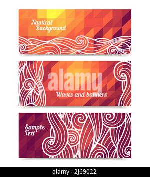 Vector triangles background with sea hand drawn sketch waves - red geometric banners set Stock Vector