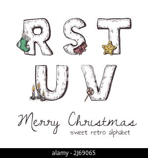 Vector retro christmas alphabet with symbols of holiday isolated in white - r, s, t, u, v Stock Vector
