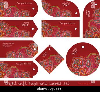 floral paisley red tag set for gifts and goods Stock Vector