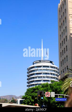 Capitol Records building tower, 1750 Vine St, , Los Angeles, California, USA. Designed by Louis Naidorf and built in 1955 1956. Historic LA landmark. Stock Photo