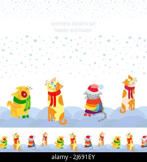 Holiday vector seamless borders set with Christmas cats sitting in the snow, header and footed for seasonal decoration web sites, cards, interior and Stock Vector