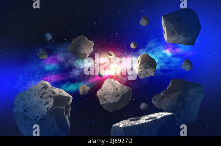 Flying asteroids in outer space. Big bang and meteor shower. Galaxy and Star Trek 3D Illustration Stock Photo