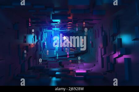 Neon light, ultraviolet. Cyberspace and virtual reality 3d illustration. Inside spacecraft. Fantastic tunnel, digital city, binary code Stock Photo