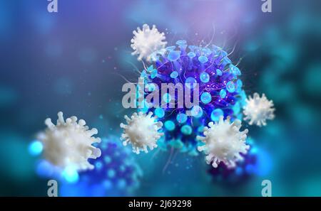 Virus, germs, microbe, bacterium, pathogen organism, leukocyte 3D illustration. Viral infection. Immunity fights disease. White blood cells Stock Photo