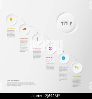 Vector light diagonal progress steps template with arrows  made from six light relief circles with descriptions and icons and rainbow colorful timelin Stock Vector