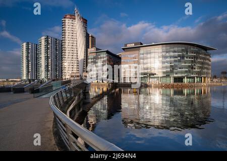 Media City Footbridge and BBC Studios, MediaCityUK, Salford Quays, Salford, Manchester, England, United Kingdom