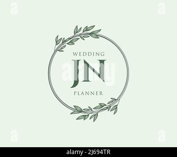 JN Initials letter Wedding monogram logos collection, hand drawn modern minimalistic and floral templates for Invitation cards, Save the Date, elegant Stock Vector