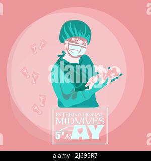 Young female midwife, happy smiling beautiful nurse carefully holding newborn baby, in scrubs, face mask, gloves. Midwives International Day, 5th May Stock Vector