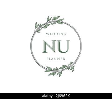NU Initials letter Wedding monogram logos collection, hand drawn modern minimalistic and floral templates for Invitation cards, Save the Date, elegant Stock Vector