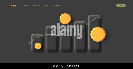 Web banner with 3d volume bar chart with golden coins. Vector illustration Stock Vector